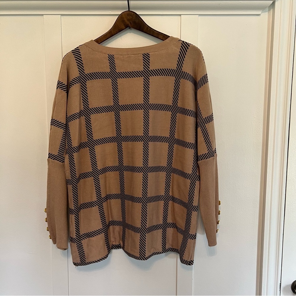 Women's Large Cable & Gauge Tan Square Patterned Sweater with Button Sleeves - Picture 7 of 9